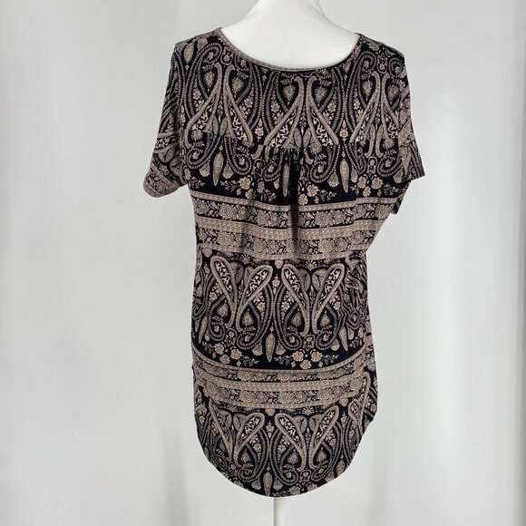Halife Womens Short-Sleeve Paisley Print Boho Tunic Top Black & Beige Size L - Picture 3 of 8